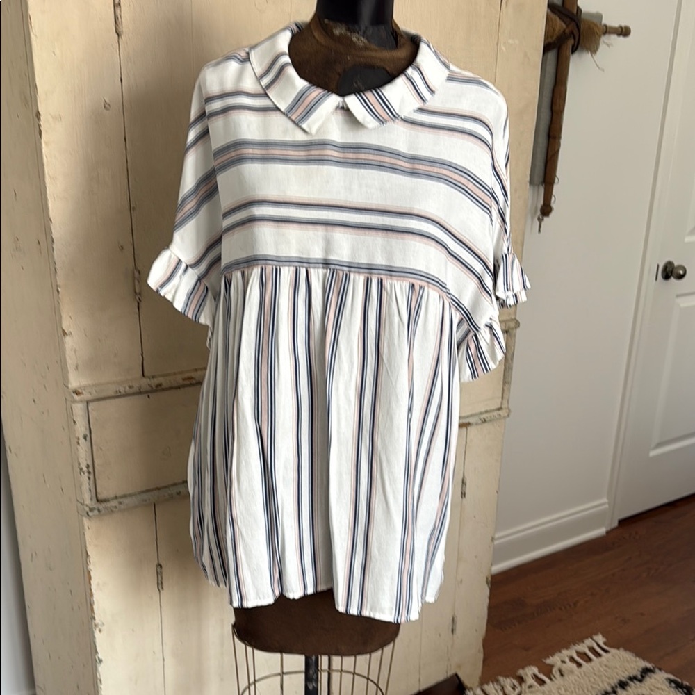 Listicle White, Blue and Mauve Striped Tunic Top